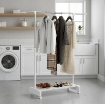 STENDIBIANCHERIA ESTENSIBILE CON RUOTE E FRENO, RIPIANO PORTA SCARPE E STRUTTURA IN ACCIAIO INOX, BIANCO