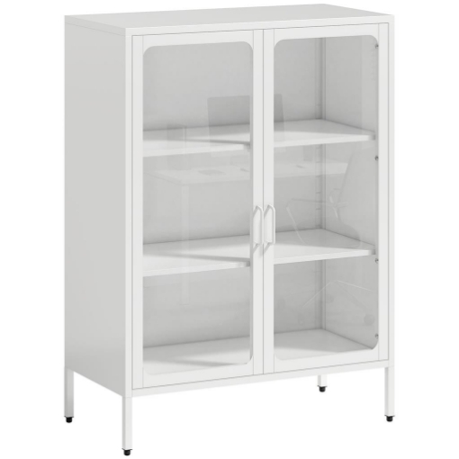 MOBILE PORTADOCUMENTI IN ACCIAIO CON 2 ANTE IN VETRO E RIPIANI REGOLABILI, 80X40X110 CM, BIANCO