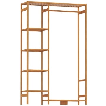 APPENDIABITI IN BAMB¨ CON SCAFFALE A 6 LIVELLI E BARRA ATTACCAPANNI, 90X30X145 CM, LEGNO NATURALE