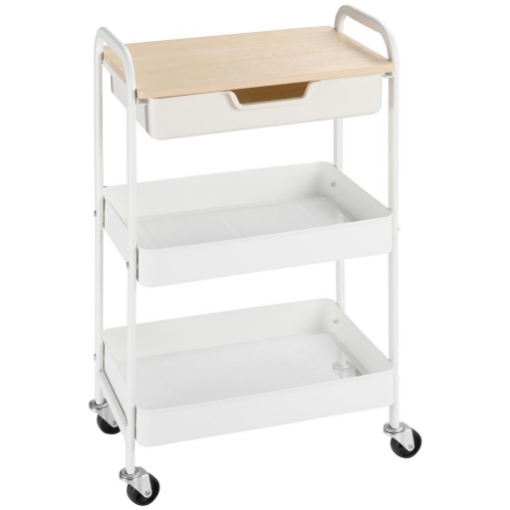 CARRELLO CUCINA MULTIUSO CON RUOTE GIREVOLI, 2 CESTI, CASSETTO E PIANO IN LEGNO, BIANCO
