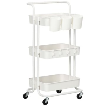 CARRELLO CUCINA MULTIUSO A 3 LIVELLI CON CESTINI E GANCI RIMOVIBILI, RIPIANO CON 12 DIVISORI, BIANCO