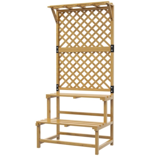 FIORIERA CON GRIGLIATO PER RAMPICANTI, 2 RIPIANI E BARRA SUPERIORE, IN LEGNO DI ABETE, 75X50X166 CM, GIALLO