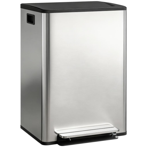 PATTUMIERA A PEDALE CON 2 SCOMPARTI DA 30L, COPERCHIO AMMORTIZZATO E SECCHI RIMOVIBILI, ACCIAIO INOX, ARGENTO