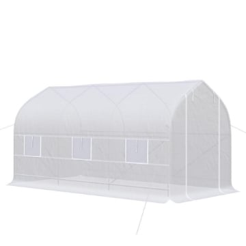 SERRA A TUNNEL ANTI-UV CON 6 FINESTRE A RETE E INGRESSO ARROTOLABILE, IN METALLO E PE, 4X2X2 M, BIANCO