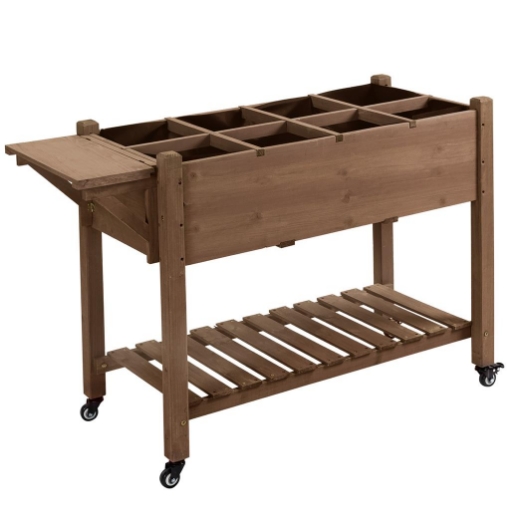 FIORIERA DA ESTERNO A 8 VASI CON RIPIANO LATERALE E MENSOLA INFERIORE, IN LEGNO DI ABETE, 123X54X87 CM
