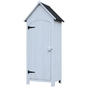 CASETTA PORTA ATTREZZI IN LEGNO A 3 MENSOLE CON TETTO IMPERMEABILE IN BITUME, 77.5X54.2X179.5 CM, BIANCO