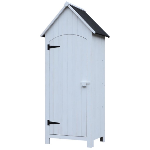 CASETTA PORTA ATTREZZI IN LEGNO A 3 MENSOLE CON TETTO IMPERMEABILE IN BITUME, 77.5X54.2X179.5 CM, BIANCO