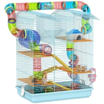 GABBIA PER CRICETI A 5 PIANI CON TUBI COLORATI, RUOTA, CASETTA E ACCESSORI, 47X30X59 CM, AZZURRO