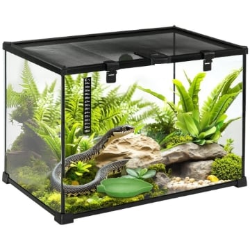 TERRARIO PER RETTILI RIALZATO CON SERRATURA E TERMOMETRO, IN VETRO E RETE METALLICA, 50X30X35 CM, NERO