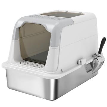 LETTIERA PER GATTI CHIUSA A 2 INGRESSI CON DEODORANTE E PALETTA, 60.4X40.4X41.8 CM, BIANCO E GRIGIO