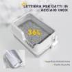 LETTIERA PER GATTI CON BORDI RIALZATI, VASSOIO E PALETTA, IN ACCIAIO INOX E PP, 60X40X28 CM, GRIGIO CHIARO