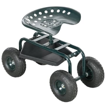 CARRELLO DA GIARDINO CON SEDILE REGOLABILE E VASSOIO INFERIORE, IN ACCIAIO, E PP, 83X36.5X45-60 CM, VERDE SCURO