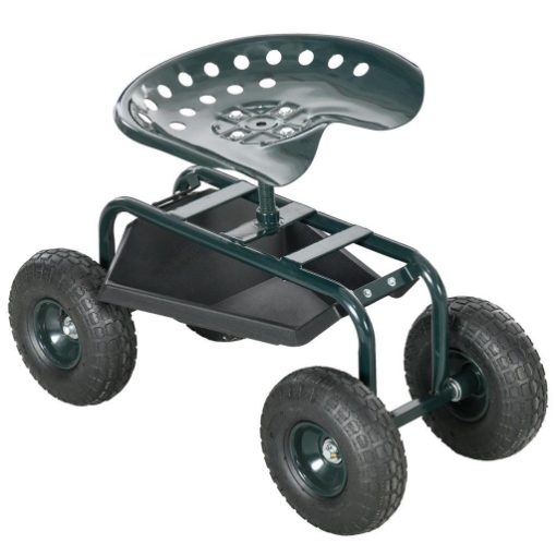 CARRELLO DA GIARDINO CON SEDILE REGOLABILE E VASSOIO INFERIORE, IN ACCIAIO, E PP, 83X36.5X45-60 CM, VERDE SCURO