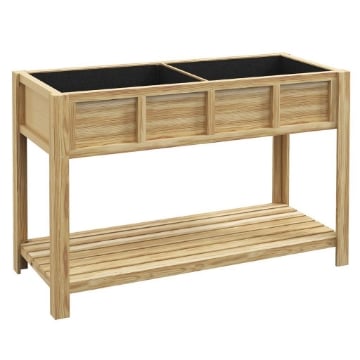 FIORIERA RIALZATA IN LEGNO CON RIPIANO INFERIORE, DIVISORIO, FORI DI DRENAGGIO, 115X46X75 CM, COLOR LEGNO