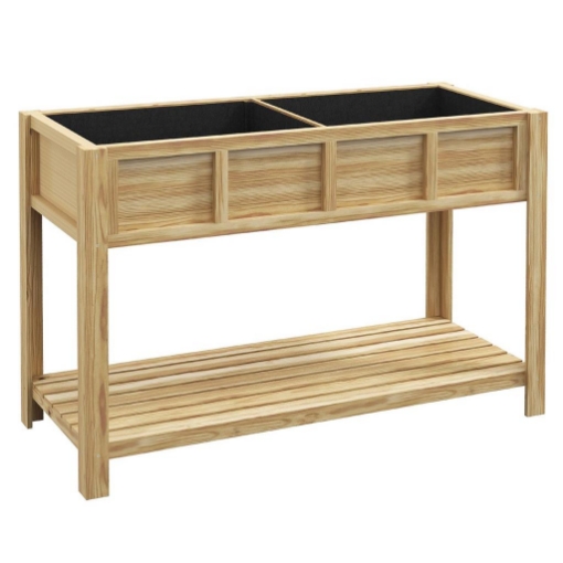 FIORIERA RIALZATA IN LEGNO CON RIPIANO INFERIORE, DIVISORIO, FORI DI DRENAGGIO, 115X46X75 CM, COLOR LEGNO