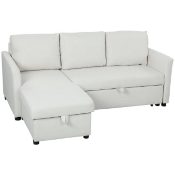 DIVANO LETTO ANGOLARE EFFETTO LINO CON VANO PORTAOGGETTI A SCOMPARSA, 192X148X86 CM, BIANCO CREMA