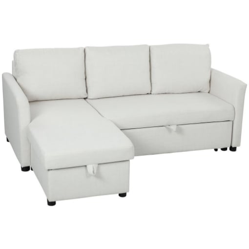 DIVANO LETTO ANGOLARE EFFETTO LINO CON VANO PORTAOGGETTI A SCOMPARSA, 192X148X86 CM, BIANCO CREMA