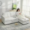 DIVANO LETTO ANGOLARE EFFETTO LINO CON VANO PORTAOGGETTI A SCOMPARSA, 192X148X86 CM, BIANCO CREMA
