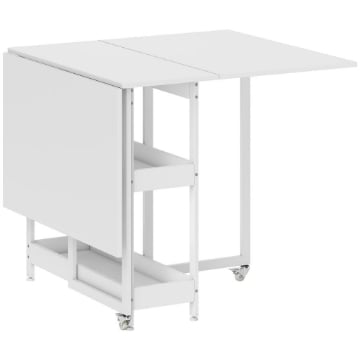 TAVOLO PIEGHEVOLE A 2 RIBALTE PER 4 PERSONE CON 2 RIPIANI APERTI, LEGNO E METALLO, 133.4X80X75 CM, BIANCO