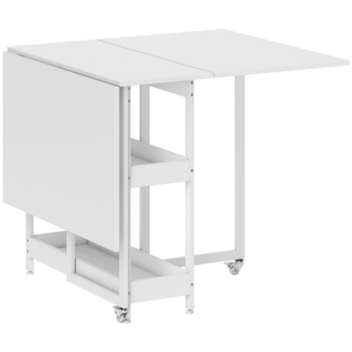 TAVOLO PIEGHEVOLE A 2 RIBALTE PER 4 PERSONE CON 2 RIPIANI APERTI, LEGNO E METALLO, 133.4X80X75 CM, BIANCO