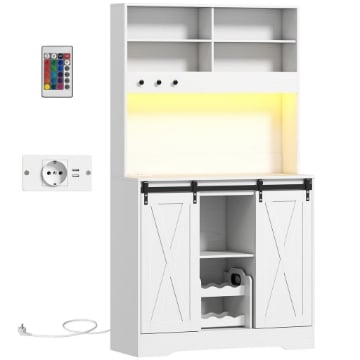 CREDENZA CUCINA CON PRESE ELETTRICHE, LUCE LED, PORTABOTTIGLIE E ANTE SCORREVOLI, 100X38X180 CM, BIANCO