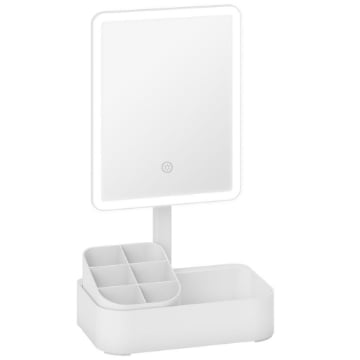 SPECCHIO DA TRUCCO CON LUCE REGOLABILE SU 2 LIVELLI, ROTAZIONE 180 GRADI E ORGANIZER PER TRUCCHI, BIANCO