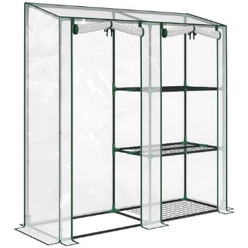 SERRA VERTICALE A 2 SEZIONI CON 3 RIPIANI, IN PLASTICA E ACCIAIO, 143X45X151 CM, VERDE SCURO E TRASPARENTE