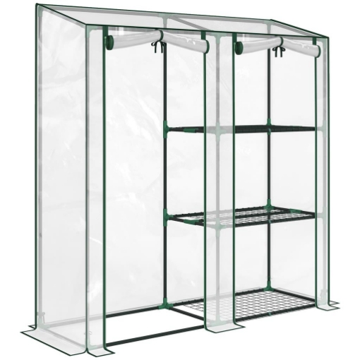 SERRA VERTICALE A 2 SEZIONI CON 3 RIPIANI, IN PLASTICA E ACCIAIO, 143X45X151 CM, VERDE SCURO E TRASPARENTE