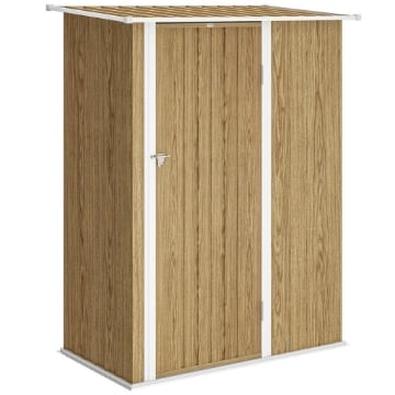 CAPANNO PORTA ATTREZZI IN METALLO CON TETTO INCLINATO E PORTA BLOCCABILE, 142X86X189 CM, COLOR LEGNO