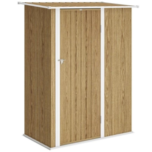 CAPANNO PORTA ATTREZZI IN METALLO CON TETTO INCLINATO E PORTA BLOCCABILE, 142X86X189 CM, COLOR LEGNO