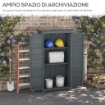 ARMADIO DA ESTERNO IN LEGNO CON 2 PORTE A PERSIANA E RIPIANI INTERNI, 87X46.5X160 CM, GRIGIO