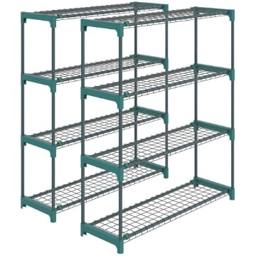 SET DI 2 SCAFFALI PER PIANTE A 4 LIVELLI IN ACCIAIO CON GANCI, 90X28X104 CM, VERDE