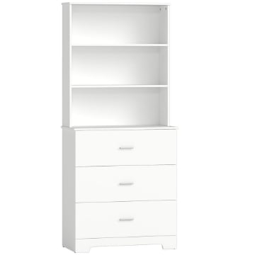 LIBRERIA A MURO CON 3 RIPIANI APERTI E 3 CASSETTI, IN LEGNO, 79X39.5X182.2 CM, BIANCO