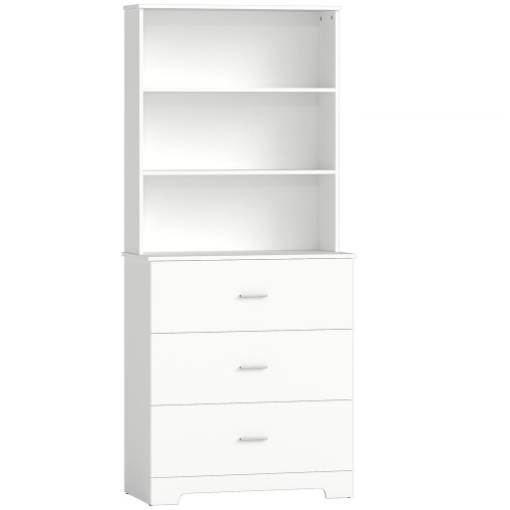 LIBRERIA A MURO CON 3 RIPIANI APERTI E 3 CASSETTI, IN LEGNO, 79X39.5X182.2 CM, BIANCO