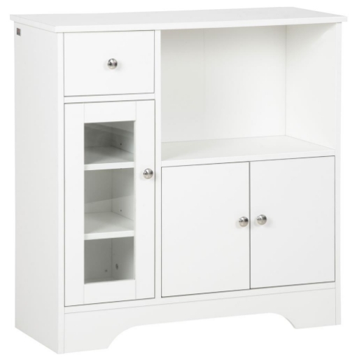 CREDENZA BUFFET CON VANO APERTO, CASSETTO, 3 RIPIANI E ARMADIETTO A 2 ANTE, IN LEGNO, 80X30X82 CM, BIANCO