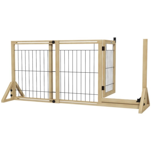 CANCELLETTO PER CANI ESTENSIBILE CON PORTA E 2 PANNELLI, PIEDINI TRIANGOLARI, 112-159X70 CM, LEGNO NATURALE
