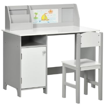 SET TAVOLO E SEDIE PER BAMBINI 5+ ANNI IN LEGNO CON BANCO SCUOLA E SEDIA BIANCO E GRIGIO