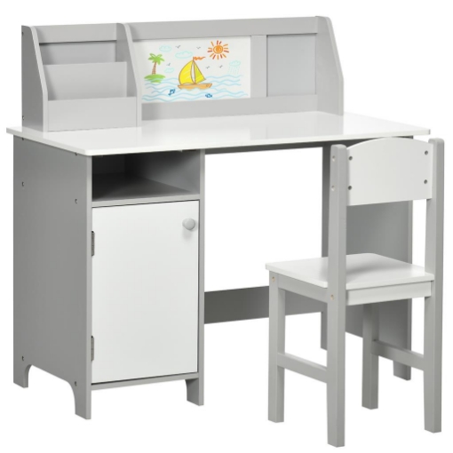 SET TAVOLO E SEDIE PER BAMBINI 5+ ANNI IN LEGNO CON BANCO SCUOLA E SEDIA BIANCO E GRIGIO