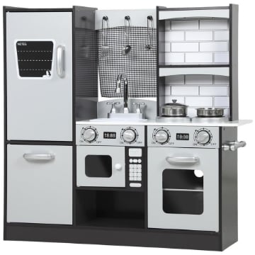 CUCINA GIOCATTOLO PER BAMBINI 3-8 ANNI IN LEGNO CON ACCESSORI, FRIGO, LAVANDINO E MANOPOLE CON SUONI, MARRONE