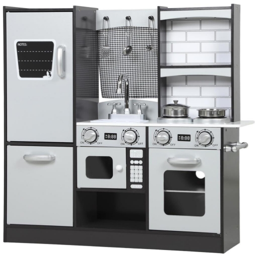 CUCINA GIOCATTOLO PER BAMBINI 3-8 ANNI IN LEGNO CON ACCESSORI, FRIGO, LAVANDINO E MANOPOLE CON SUONI, MARRONE