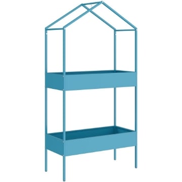 PORTAVASI A 2 LIVELLI IN METALLO A FORMA DI CASETTA CON GANCIO, 75X35X150 CM, BLU VERDE