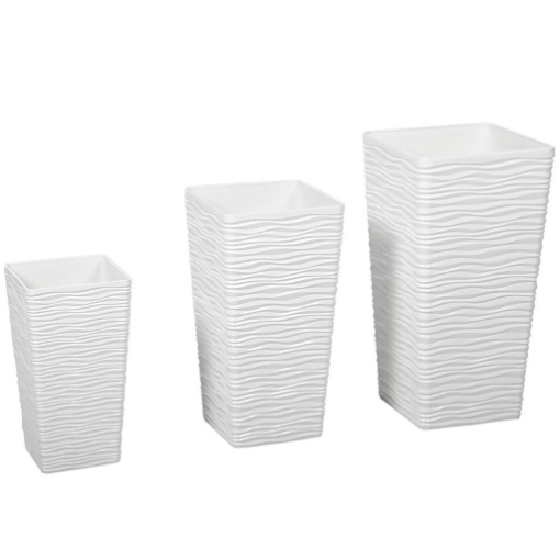 SET 3 VASI DA ESTERNO IMPILABILI CON MOTIVO ONDULATO IN PLASTICA, 42/55/65 CM, BIANCO