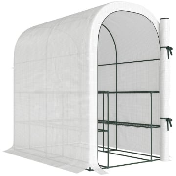 SERRA DA GIARDINO CON SCAFFALI A 2 LIVELLI E PORTA AVVOLGIBILE, IN ACCIAIO E PE, 123X187X189 CM, BIANCO