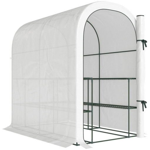 SERRA DA GIARDINO CON SCAFFALI A 2 LIVELLI E PORTA AVVOLGIBILE, IN ACCIAIO E PE, 123X187X189 CM, BIANCO