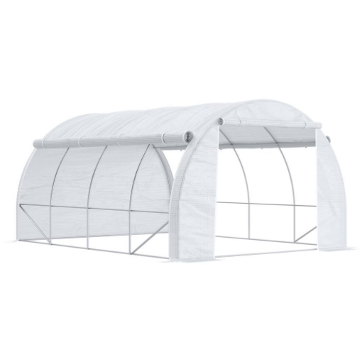 SERRA A TUNNEL CON PORTA, PANNELLI E 8 FINESTRE AVVOLGIBILI, IN ACCIAIO ZINCATO E PE, 3.97X3X2 M, BIANCO