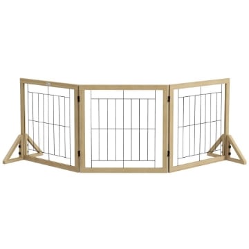 CANCELLINO PER CANI PIEGHEVOLE CON 3 PANNELLI E PIEDINI TRIANGOLARI, 210X70 CM, LEGNO NATURALE