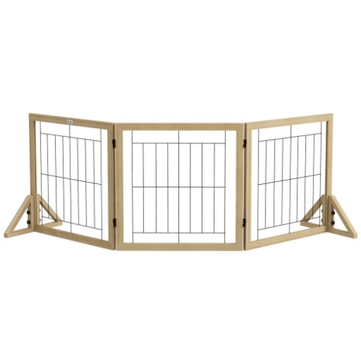CANCELLINO PER CANI PIEGHEVOLE CON 3 PANNELLI E PIEDINI TRIANGOLARI, 210X70 CM, LEGNO NATURALE