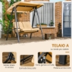 DONDOLO 2 POSTI IN ACCIAIO E TESSUTO TESLIN CON TETTUCCIO REGOLABILE E CUSCINI, 138X106X174 CM, BEIGE