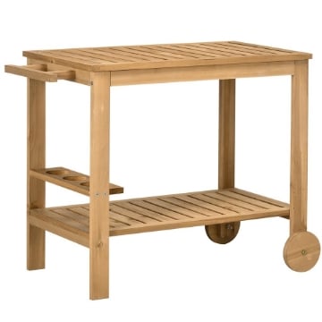 CARRELLO PORTAVIVANDE DA GIARDINO IN LEGNO CON 2 RIPIANI E PORTABOTTIGLIE, 95X47X74 CM, COLOR LEGNO