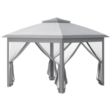 GAZEBO DA ESTERNO PIEGHEVOLE AD ALTEZZA REGOLABILE CON ZANZARIERE, 3.3X3.3X2.8 M, GRIGIO